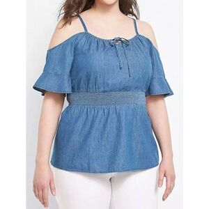 Lane Bryant Blouse Denim Top Smocked Waist Off Cold Shoulder jean shirt top